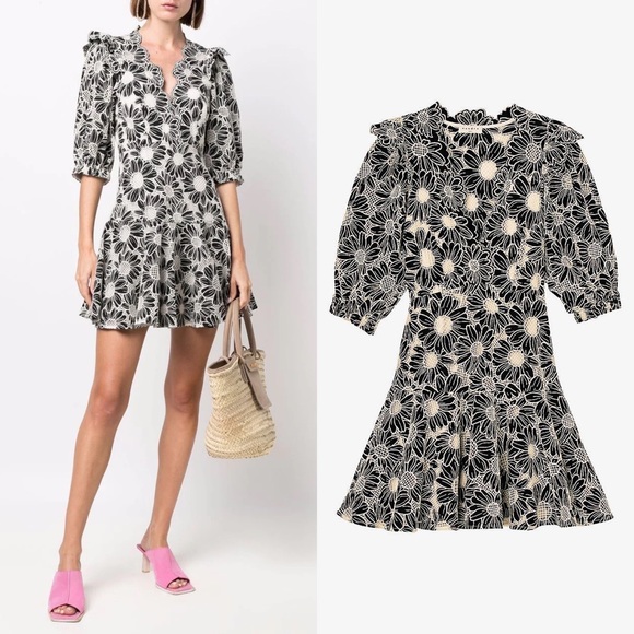 Sandro Dresses & Skirts - NWT Sandro Audrey Floral Embroidered Mini Dress XS Noir Flared Ruffle Eyelet